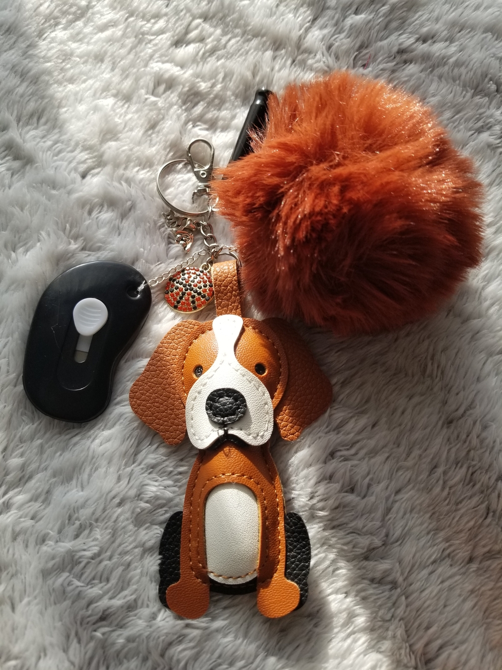 Faux Leather Dog Key & Card Holder with Orange Pom-Pom